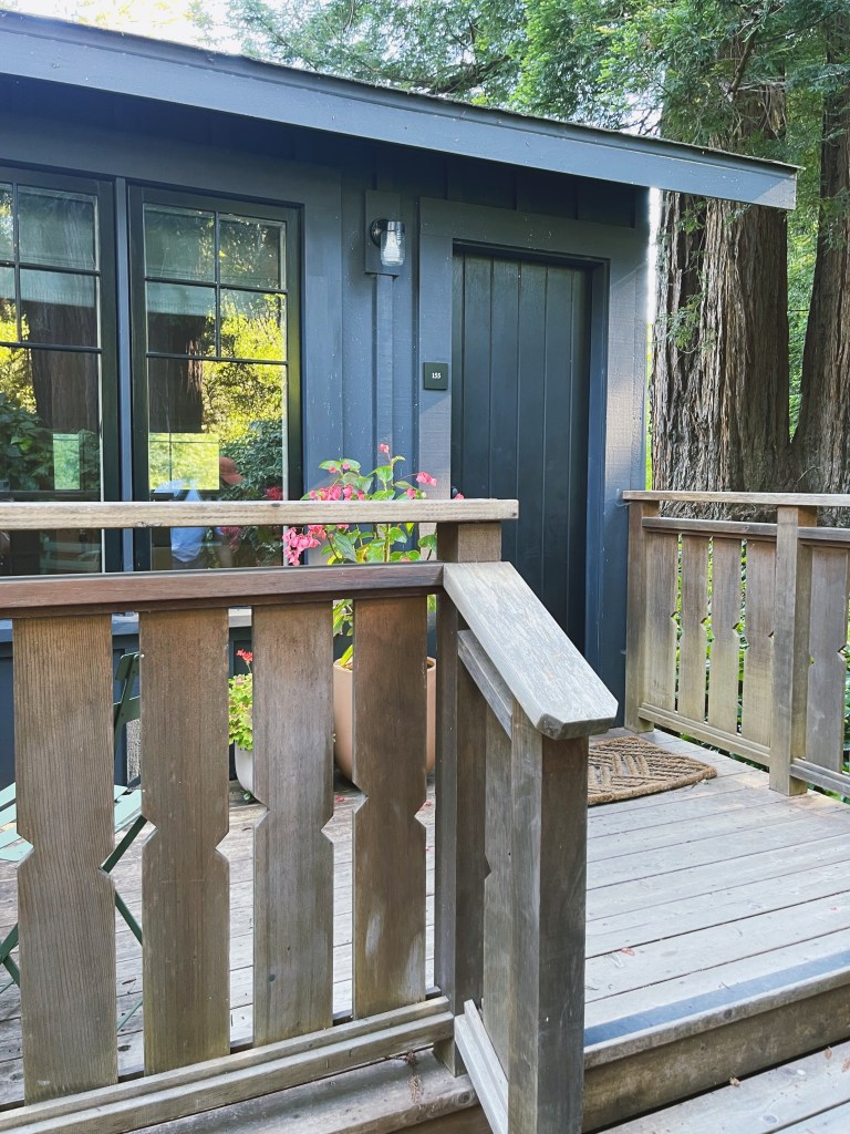 the outside of a meadow chalet at Dawn Ranch in Guerneville CA